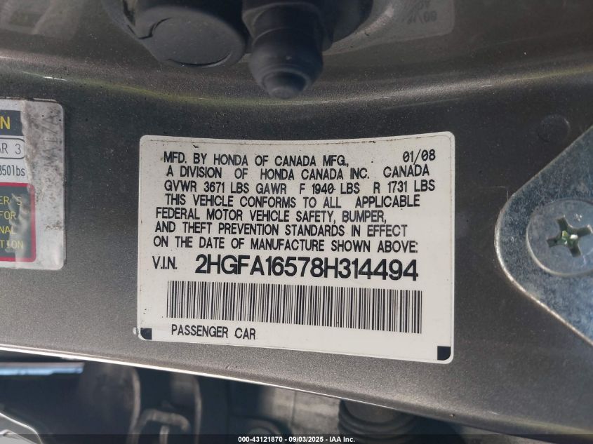 2008 Honda Civic Lx VIN: 2HGFA16578H314494 Lot: 43121870