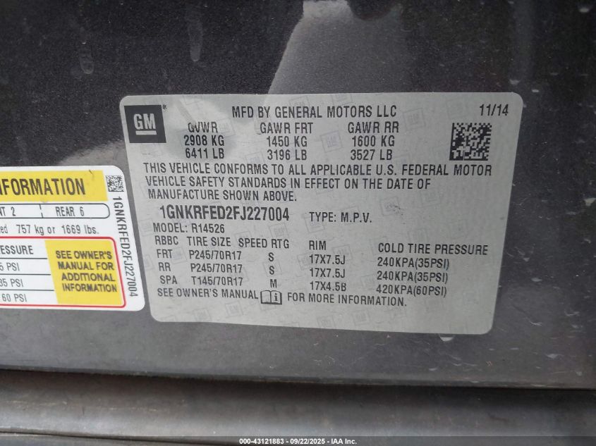 2015 Chevrolet Traverse Ls VIN: 1GNKRFED2FJ227004 Lot: 43121883