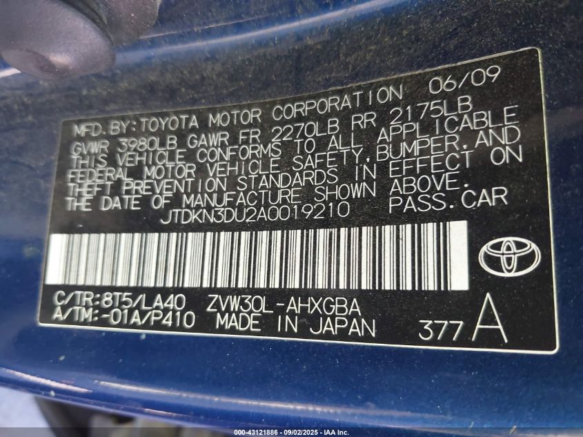 2010 Toyota Prius Iv VIN: JTDKN3DU2A0019210 Lot: 43121886