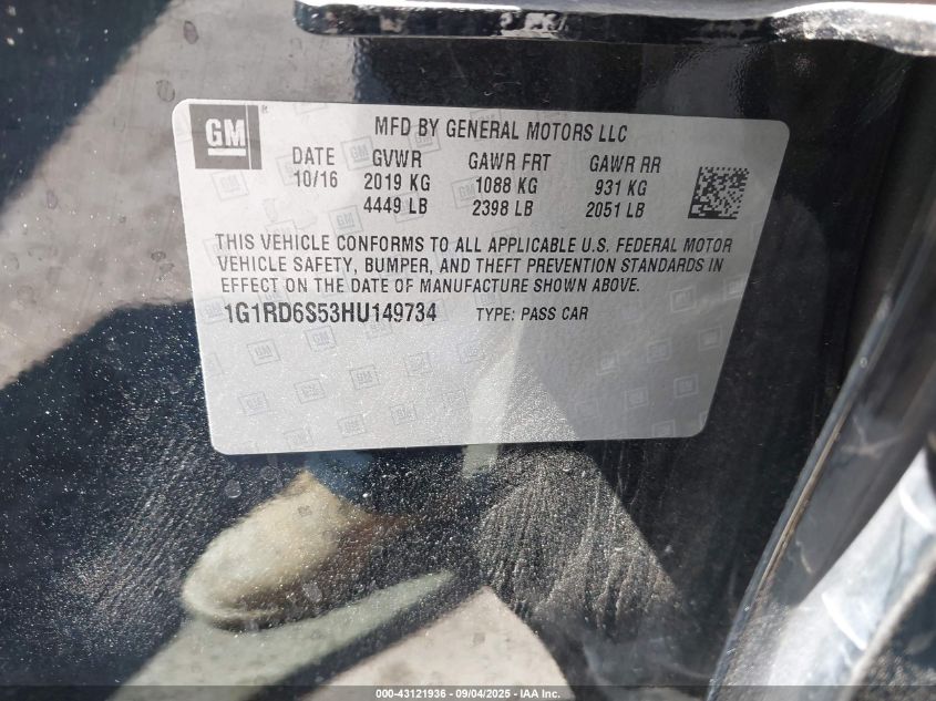 2017 Chevrolet Volt Premier VIN: 1G1RD6S53HU149734 Lot: 43121936