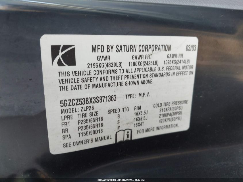 2003 Saturn Vue V6 VIN: 5GZCZ53BX3S871363 Lot: 43122013