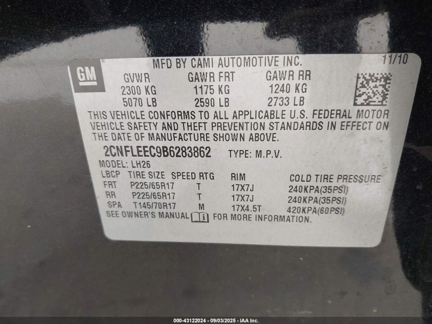 2011 Chevrolet Equinox 1Lt VIN: 2CNFLEEC9B6283862 Lot: 43122024