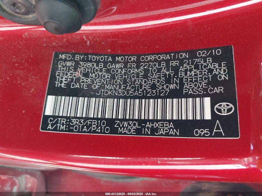 2010 Toyota Prius Ii VIN: JTDKN3DU5A5123127 Lot: 43122025