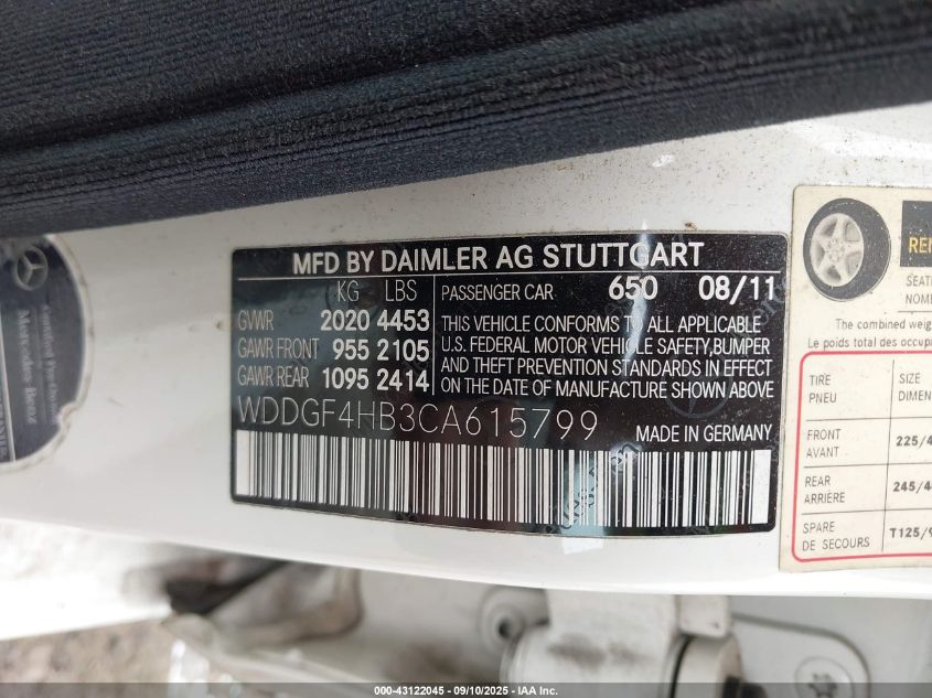 2012 Mercedes-Benz C 250 Sport VIN: WDDGF4HB3CA615799 Lot: 43122045