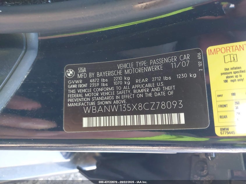 2008 BMW 535I VIN: WBANW135X8CZ78093 Lot: 43122070