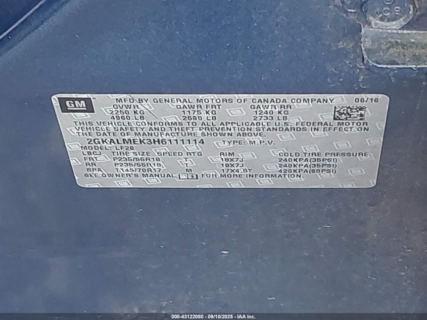 2017 GMC Terrain Sle-1 VIN: 2GKALMEK3H6111114 Lot: 43122080