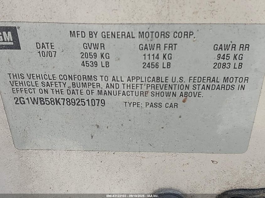 2008 Chevrolet Impala Ls VIN: 2G1WB58K789251079 Lot: 43122103