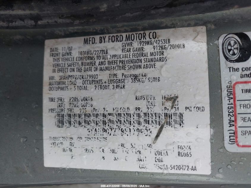 2008 Ford Fusion Se VIN: 3FAHP07Z78R179903 Lot: 43122208