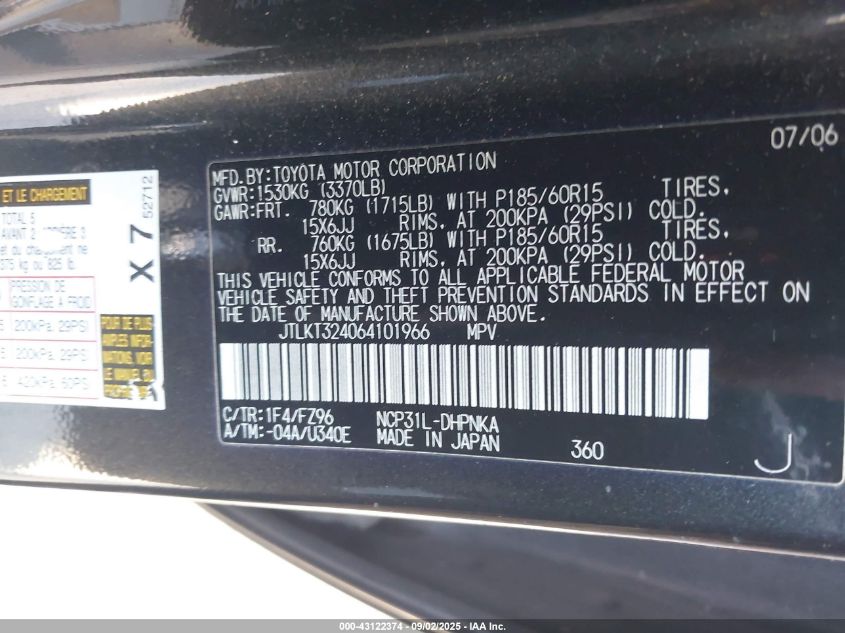 2006 Scion Xb VIN: JTLKT324064101966 Lot: 43122374