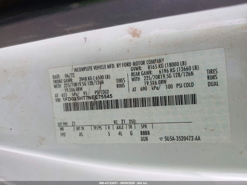 2022 Ford F-550 Chassis Xl VIN: 1FD0X5HT7NEE75545 Lot: 43122431