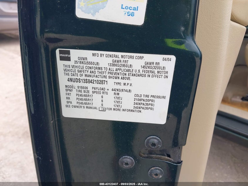 2004 Isuzu Ascender VIN: 4NUVS13S842102871 Lot: 43122437
