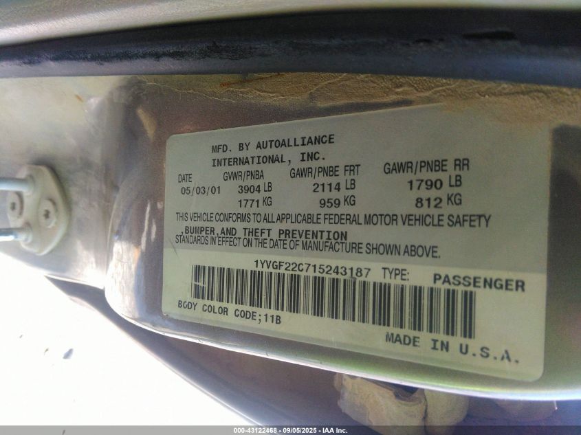 2001 Mazda 626 Es/Lx VIN: 1YVGF22C715243187 Lot: 43122468