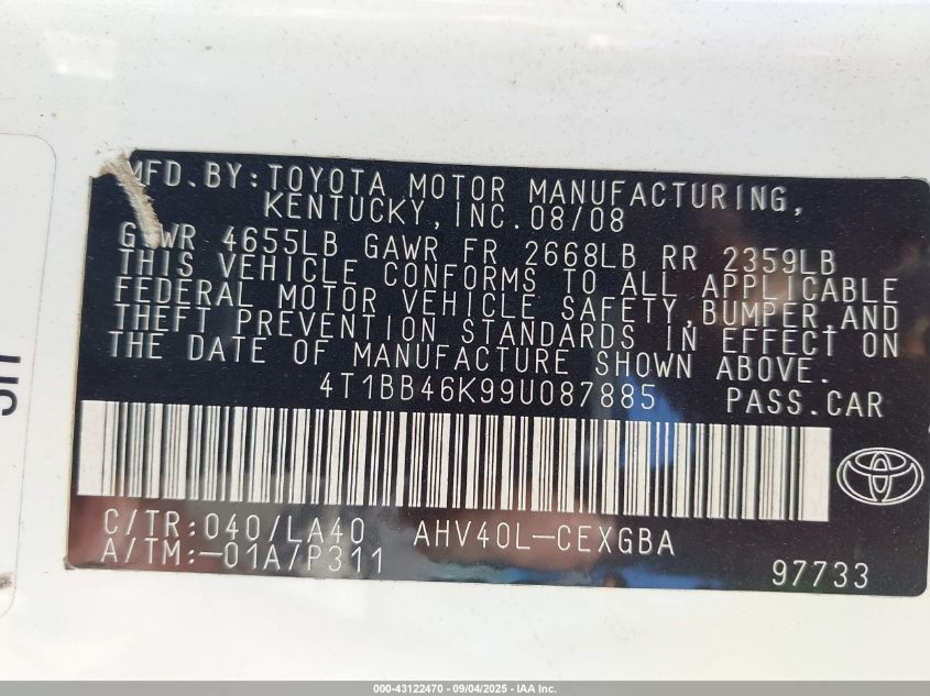 2009 Toyota Camry Hybrid VIN: 4T1BB46K99U087885 Lot: 43122470