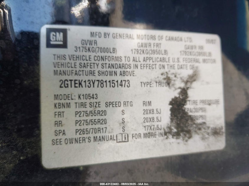 2008 GMC Sierra 1500 Slt VIN: 2GTEK13Y781151473 Lot: 43122483