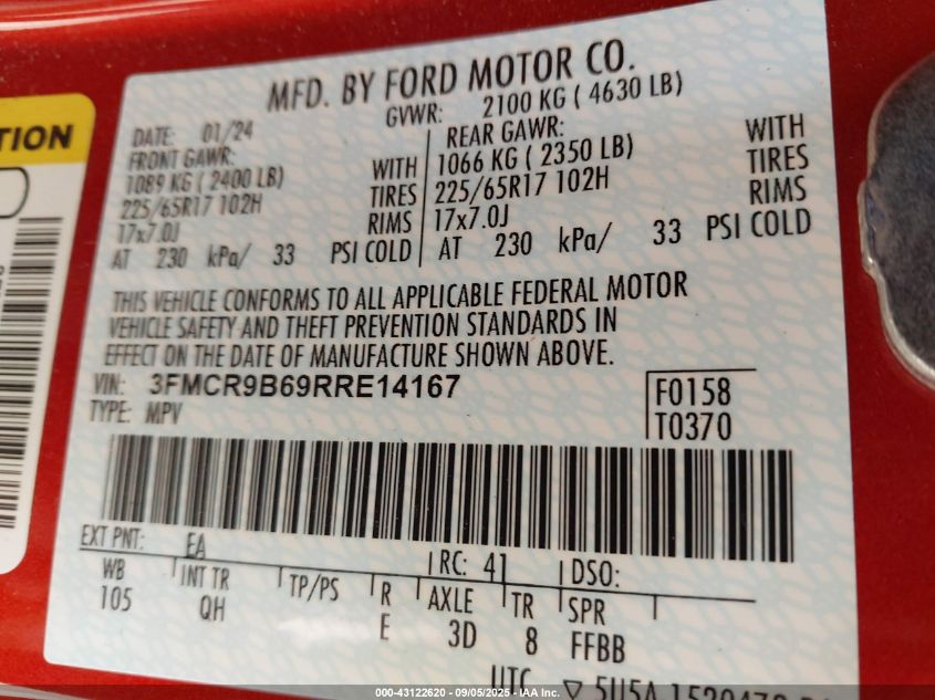 2024 Ford Bronco Sport Big Bend VIN: 3FMCR9B69RRE14167 Lot: 43122620