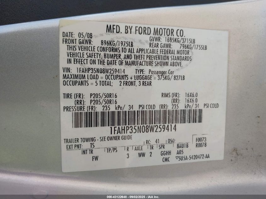 2008 Ford Focus Se/Ses VIN: 1FAHP35N08W259414 Lot: 43122648