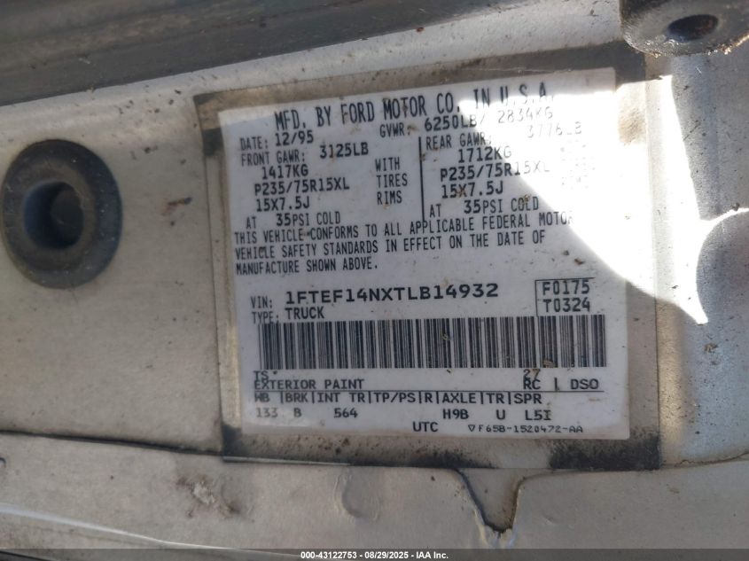 1996 Ford F150 VIN: 1FTEF14NXTLB14932 Lot: 43122753
