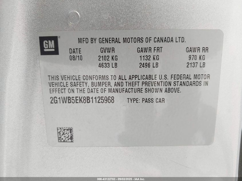 2011 Chevrolet Impala Lt VIN: 2G1WB5EK8B1125968 Lot: 43122783