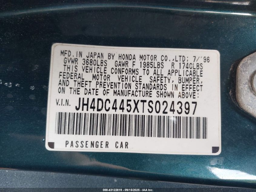 1996 Acura Integra Ls VIN: JH4DC445XTS024397 Lot: 43122819