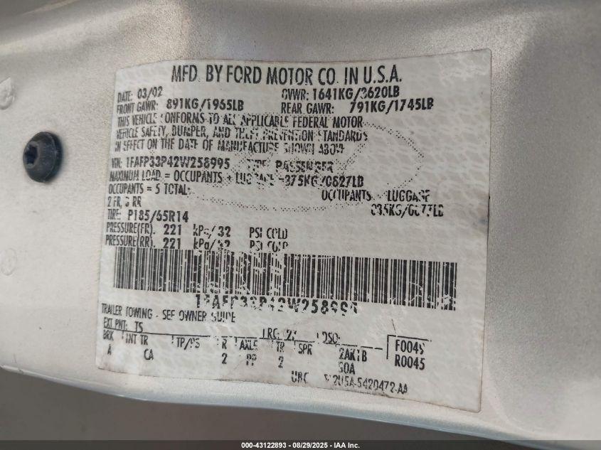 2002 Ford Focus Lx VIN: 1FAFP33P42W258995 Lot: 43122893