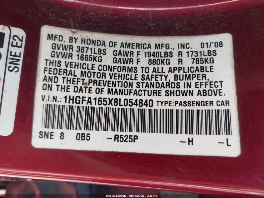2008 Honda Civic Lx VIN: 1HGFA165X8L054840 Lot: 43122906