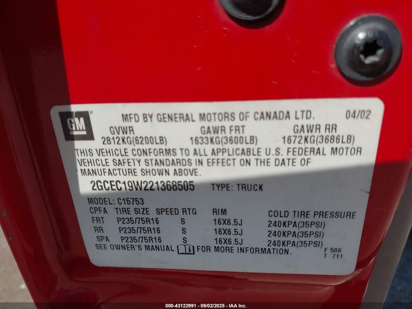 2002 Chevrolet Silverado 1500 Ls VIN: 2GCEC19W221368505 Lot: 43122991