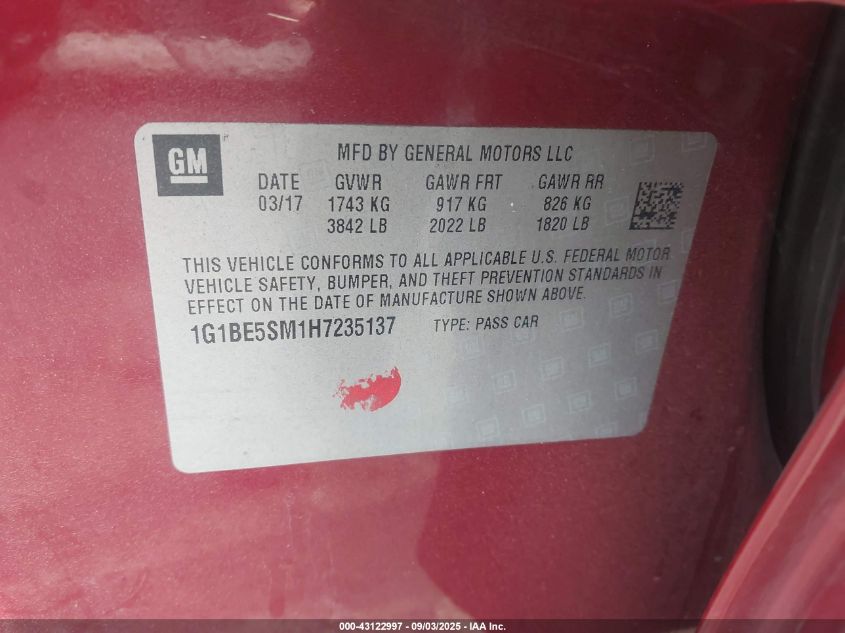2017 Chevrolet Cruze Lt Auto VIN: 1G1BE5SM1H7235137 Lot: 43122997