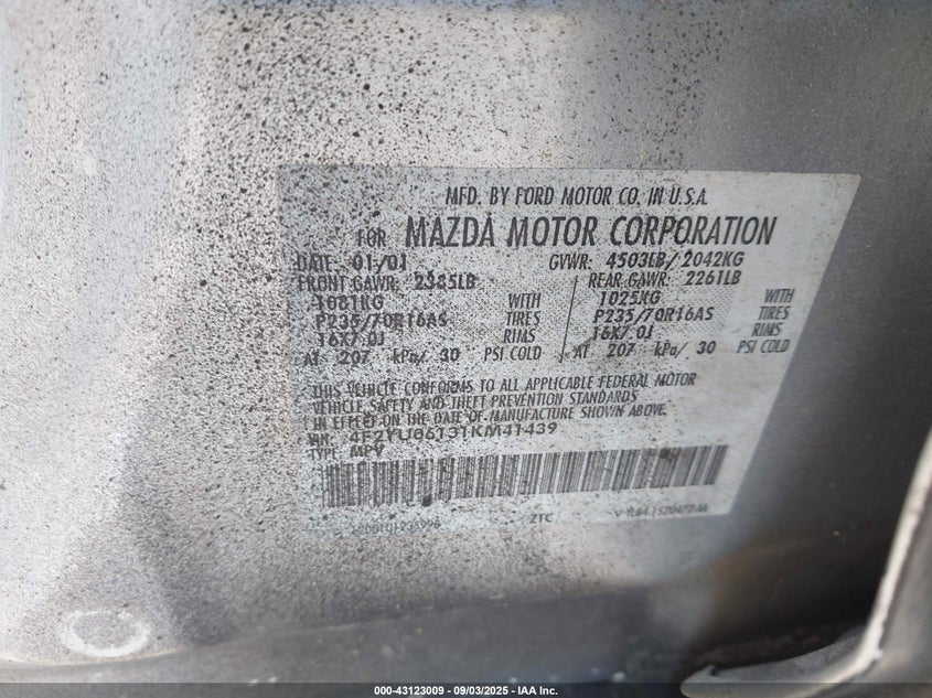 2001 Mazda Tribute Dx V6 VIN: 4F2YU06131KM41439 Lot: 43123009