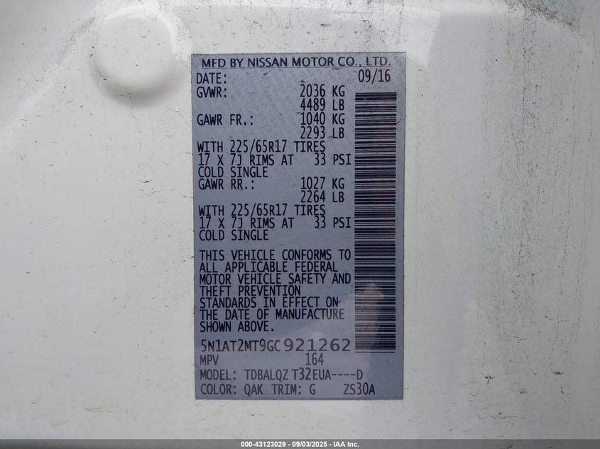 2016 NISSAN ROGUE SV - 5N1AT2MT9GC921262