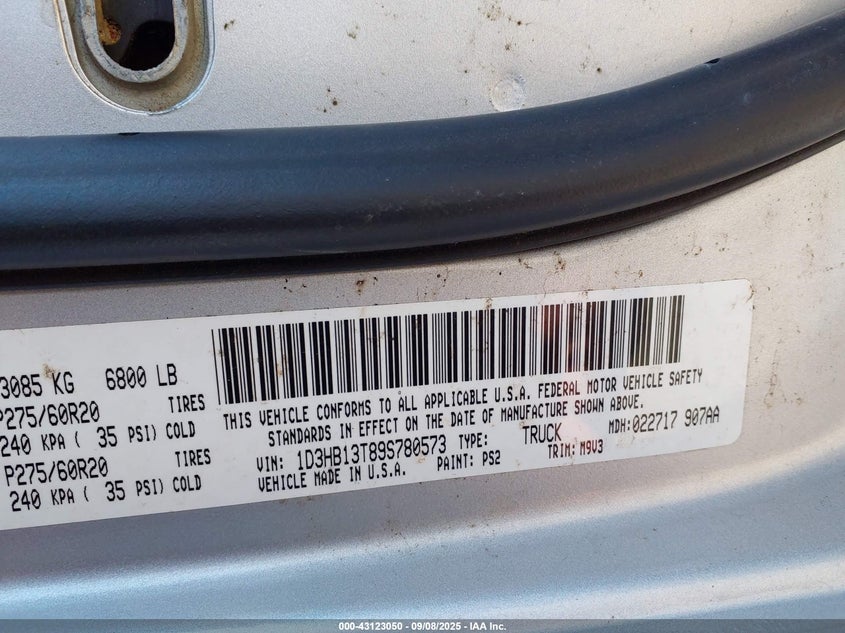 2009 Dodge Ram 1500 Slt/Sport/Trx VIN: 1D3HB13T89S780573 Lot: 43123050