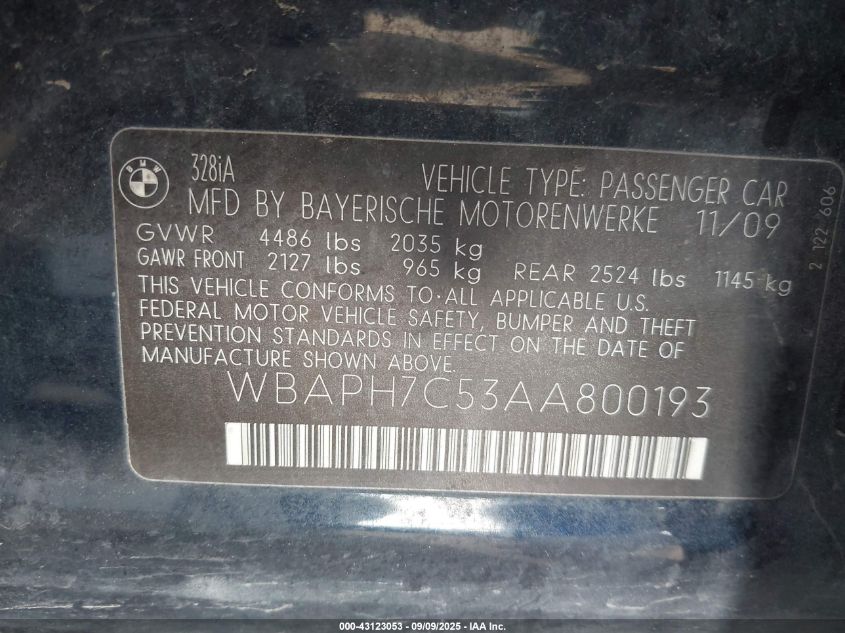 2010 BMW 328I VIN: WBAPH7C53AA800193 Lot: 43123053