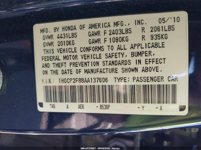 2010 Honda Accord 2.4 Ex-L VIN: 1HGCP2F88AA137606 Lot: 43123061