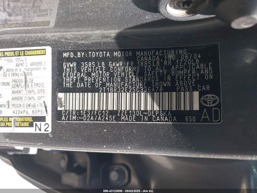 2005 Toyota Corolla S VIN: 2T1BR32E25C336478 Lot: 43123098