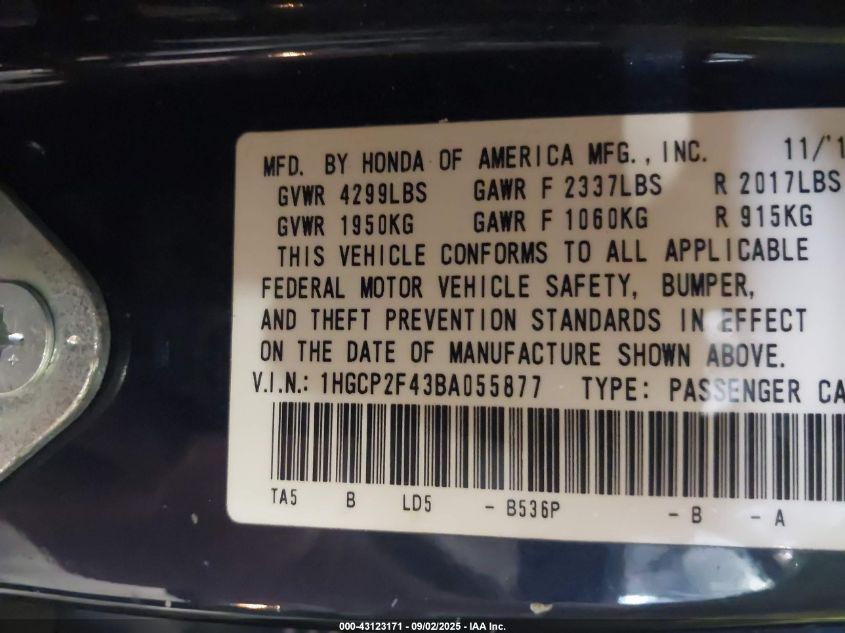 2011 Honda Accord 2.4 Lx-P VIN: 1HGCP2F43BA055877 Lot: 43123171