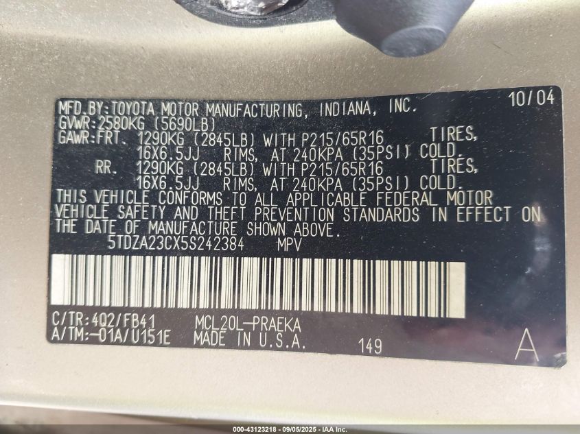 2005 Toyota Sienna Le VIN: 5TDZA23CX5S242384 Lot: 43123218