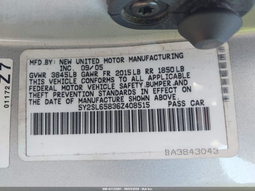 2006 Pontiac Vibe VIN: 5Y2SL65836Z408515 Lot: 43123261