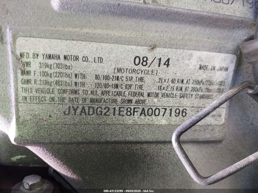 2015 Yamaha Wr250 R VIN: JYADG21E8FA007196 Lot: 43123299