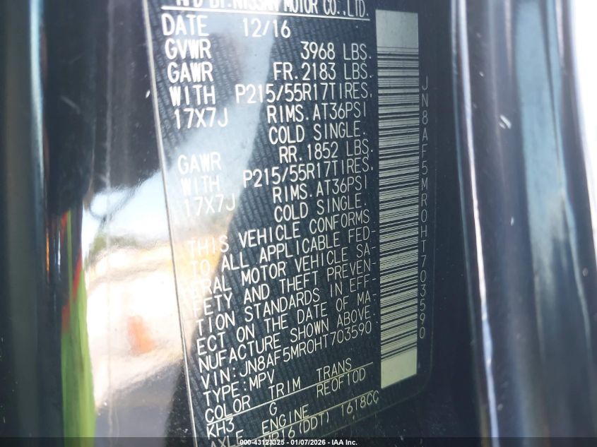 2017 Nissan Juke Sv VIN: JN8AF5MR0HT703590 Lot: 43123325