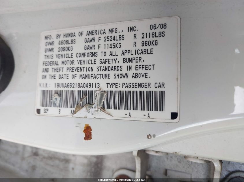 2008 Acura Tl 3.2 VIN: 19UUA66218A049113 Lot: 43123394