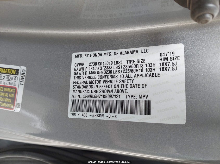 2019 Honda Odyssey Ex-L VIN: 5FNRL6H71KB097121 Lot: 43123423