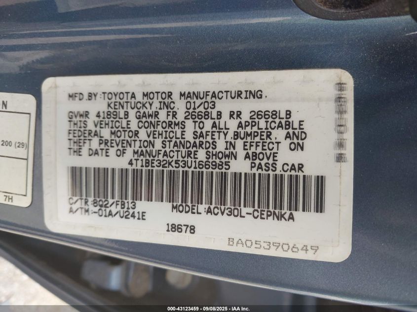 2003 Toyota Camry Le VIN: 4T1BE32K53U166985 Lot: 43123459