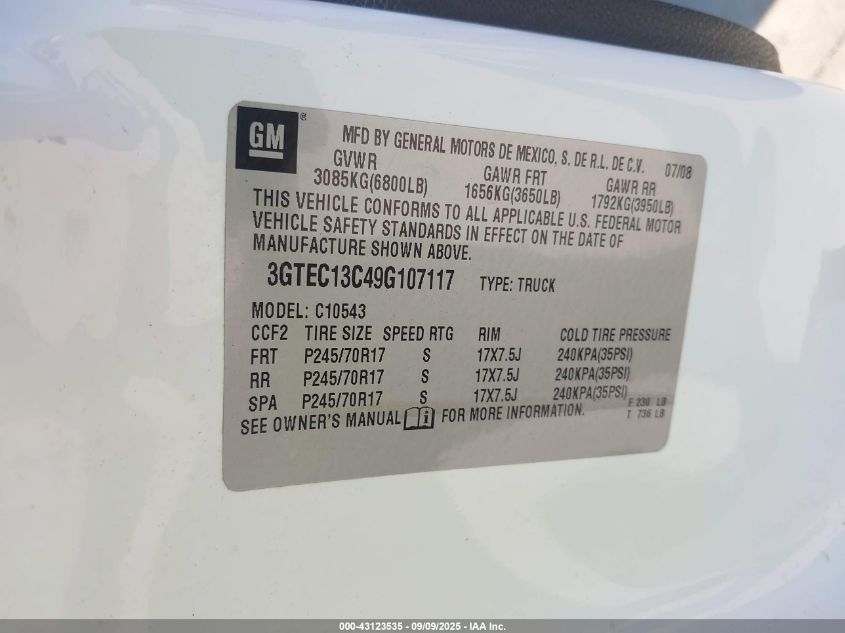 2009 GMC Sierra 1500 Sl VIN: 3GTEC13C49G107117 Lot: 43123535