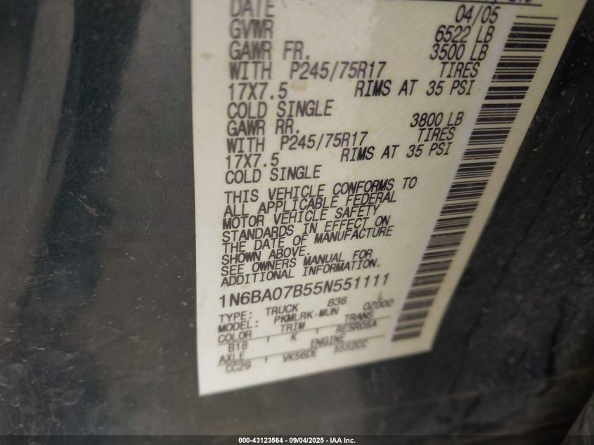2005 Nissan Titan Xe VIN: 1N6BA07B55N551111 Lot: 43123564