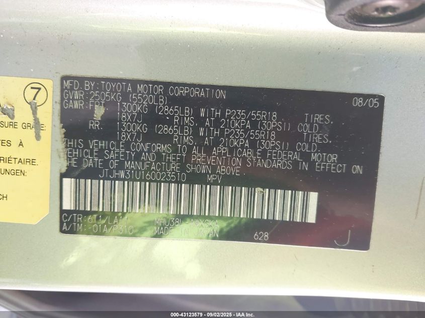 2006 Lexus Rx 400H VIN: JTJHW31U160023510 Lot: 43123579