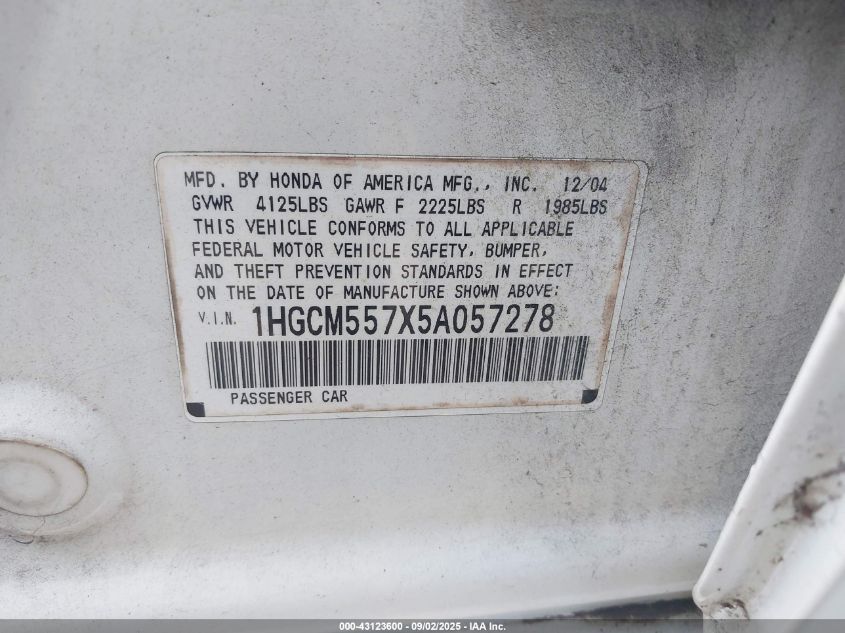 2005 Honda Accord 2.4 Ex VIN: 1HGCM557X5A057278 Lot: 43123600