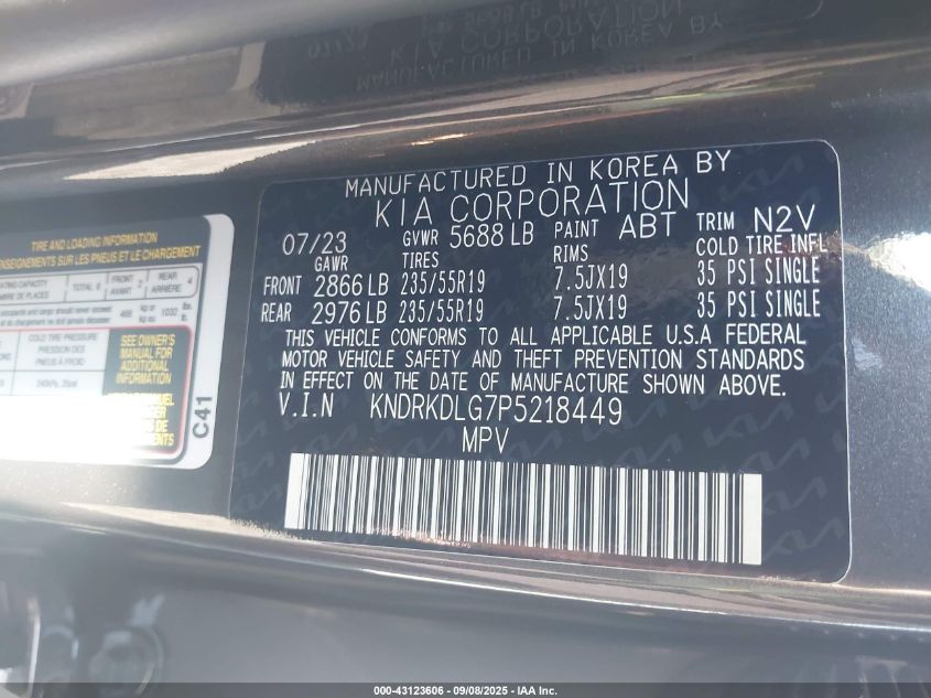 2023 Kia Sorento Hybrid Sx Prestige VIN: KNDRKDLG7P5218449 Lot: 43123606