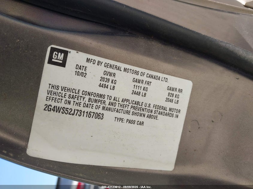 2003 Buick Century Custom VIN: 2G4WS52J731167063 Lot: 43123612