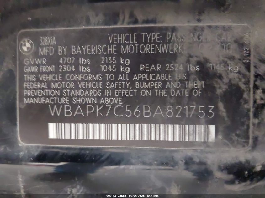 2011 BMW 328I xDrive VIN: WBAPK7C56BA821753 Lot: 43123655