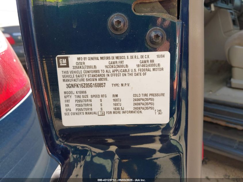 2005 Chevrolet Suburban 1500 Ls VIN: 3GNFK16Z05G160857 Lot: 43123712