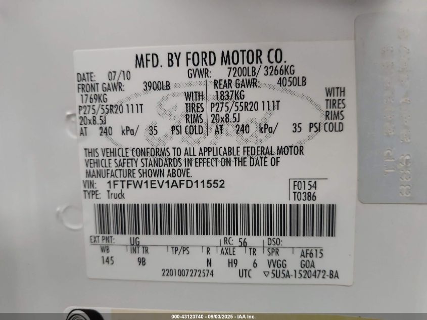 2010 Ford F-150 Fx4/Harley-Davidson/King Ranch/Lariat/Platinum/Xl/Xlt VIN: 1FTFW1EV1AFD11552 Lot: 43123740